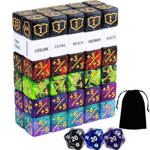 LAMJAM 63 Pieces MTG Dice Counters Bulk Ability Keywords MTG Tokens Shield Life Counter 6 Sided Dice Set for Magic The Gathering,TCG,Cards Gaming Accessories - Image 1