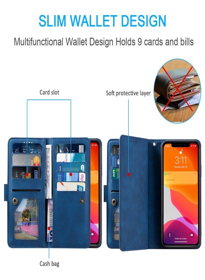 EYZUTAK جراب هاتف EYZUTAK بتصميم محفظة لهاتف سامسونج جالاكسي A16 4G/5G، بتصميم كلاسيكي غير لامع، مزود بـ 9 فتحات لبطاقات، وجيب بسحاب، وإغلاق مغناطيسي، وحامل، وحزام للمعصم، وجراب قلاب - أزرق - Image 2