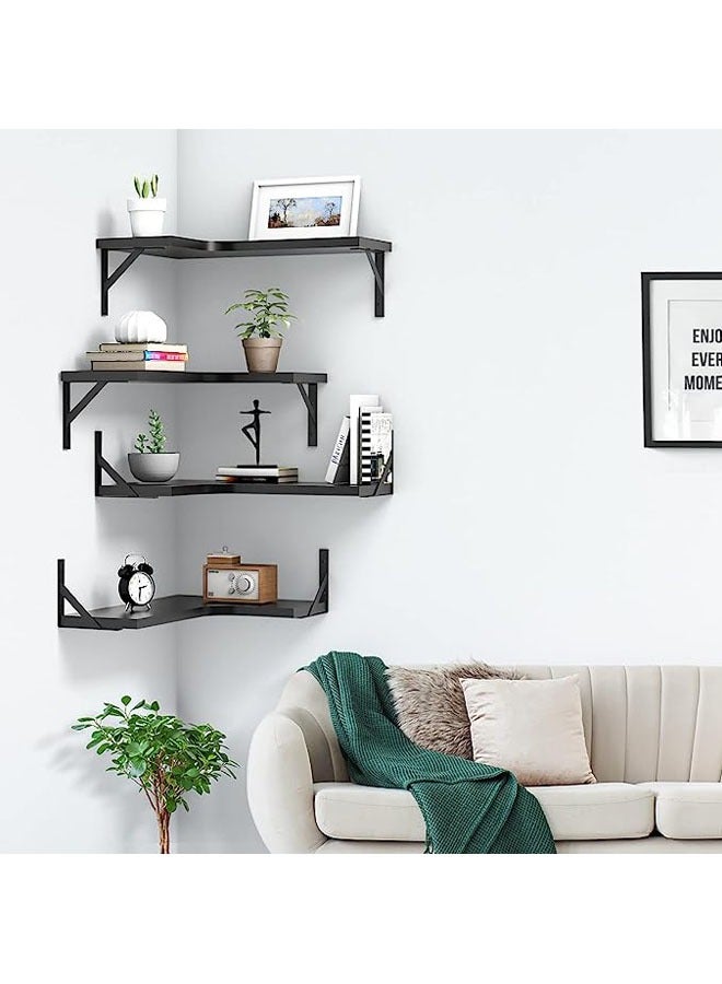 Floating Corner Shelves for Wall Décor Storage, Wall Shelves Set of 4, Wall Mounted Wood Shelves for Home Decor, Bedroom, Living Room, Bathroom, Kitchen, Office (Black)  - Image 2