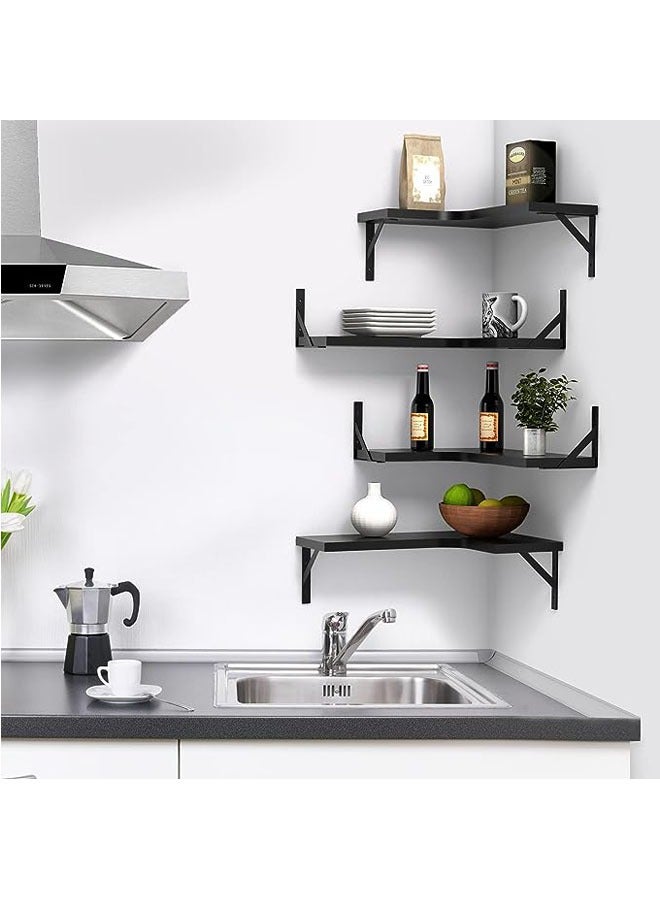 Floating Corner Shelves for Wall Décor Storage, Wall Shelves Set of 4, Wall Mounted Wood Shelves for Home Decor, Bedroom, Living Room, Bathroom, Kitchen, Office (Black)  - Image 3