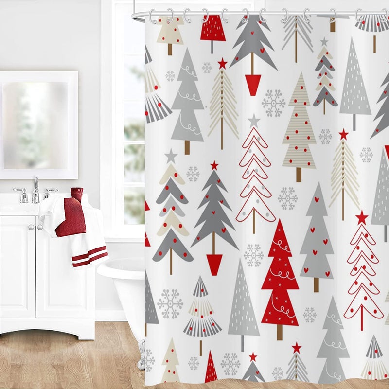GCIREC Christmas Tree Shower Curtain Grey Beige Red Xmas Tree with Stars Snowflake Cute Bathroom Curtain for Boys Girls Bathtub Decor Waterproof Washable Fabric with 12 Hooks 72Lx72W