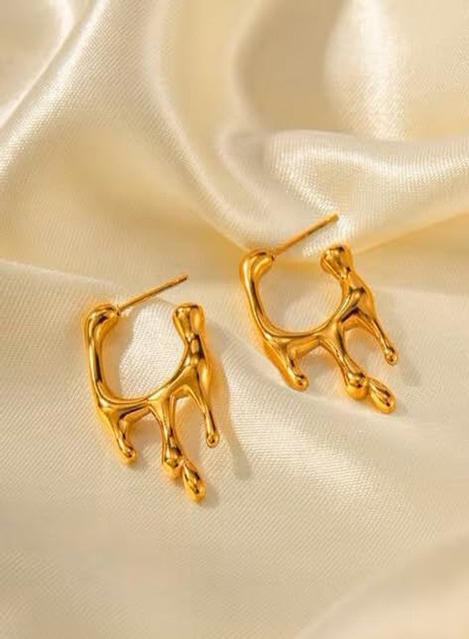 Inites Stainless Steel Drip Liquid Melting Drop Half Hoop Fashion Earrings for Women Western | Anti Tarnish Jewellery, Ear Tops Statement Golden Dripping Hoops Earrings for Girls Stylish - Image 3