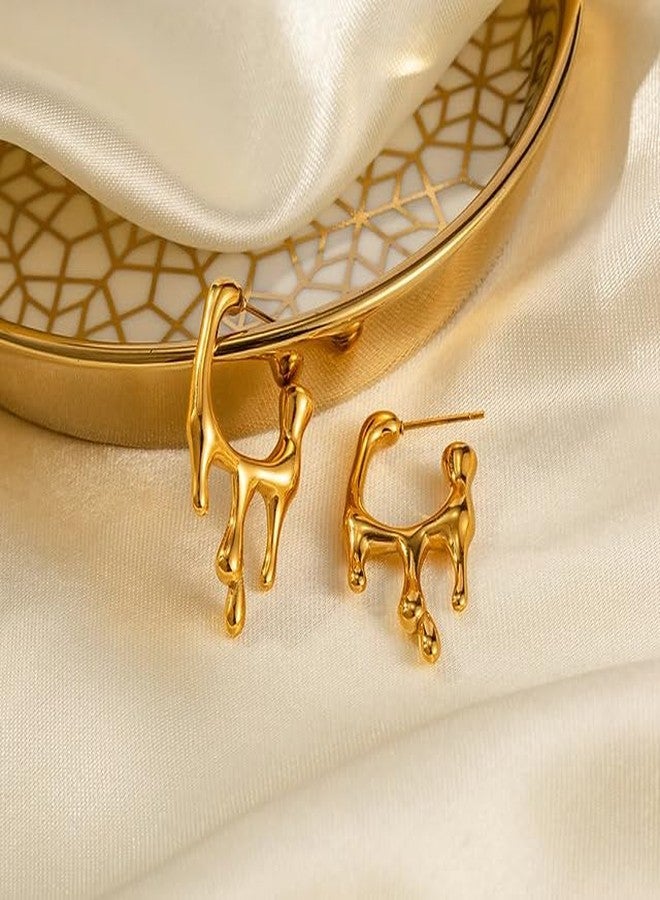 Inites Stainless Steel Drip Liquid Melting Drop Half Hoop Fashion Earrings for Women Western | Anti Tarnish Jewellery, Ear Tops Statement Golden Dripping Hoops Earrings for Girls Stylish - Image 4