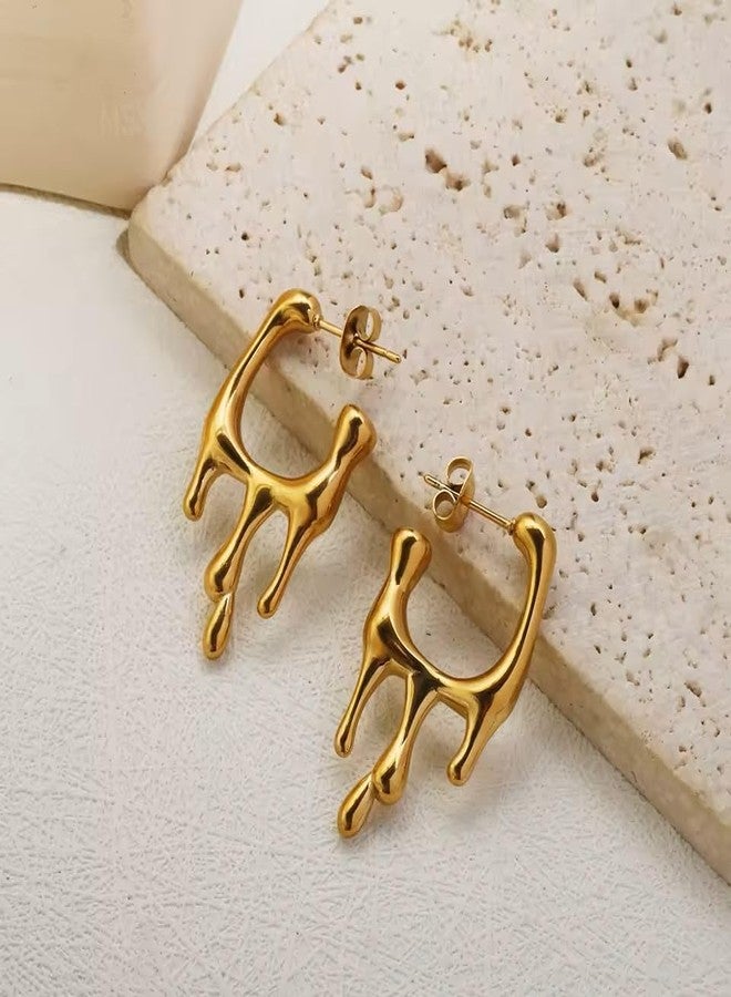 Inites Stainless Steel Drip Liquid Melting Drop Half Hoop Fashion Earrings for Women Western | Anti Tarnish Jewellery, Ear Tops Statement Golden Dripping Hoops Earrings for Girls Stylish - Image 5