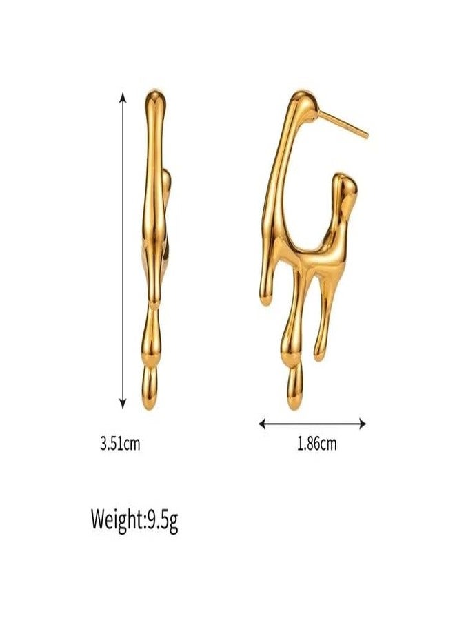 Inites Stainless Steel Drip Liquid Melting Drop Half Hoop Fashion Earrings for Women Western | Anti Tarnish Jewellery, Ear Tops Statement Golden Dripping Hoops Earrings for Girls Stylish - Image 2
