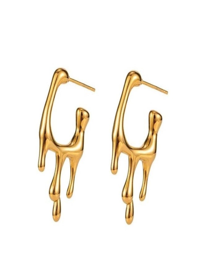 Inites Stainless Steel Drip Liquid Melting Drop Half Hoop Fashion Earrings for Women Western | Anti Tarnish Jewellery, Ear Tops Statement Golden Dripping Hoops Earrings for Girls Stylish - Image 1