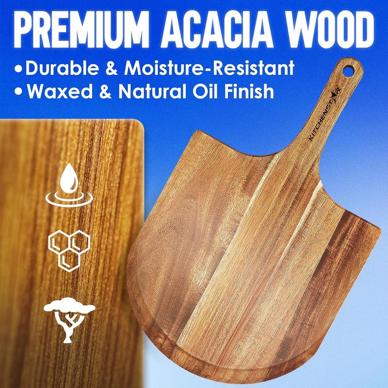 kitchen-star 14-Inch Acacia Wood Pizza Peel – Large Wooden Cutting & Serving Board with Handle – Natural Oil Finish – Ideal Pizza Oven Accessory for Easy Sliding & Prep - Image 4