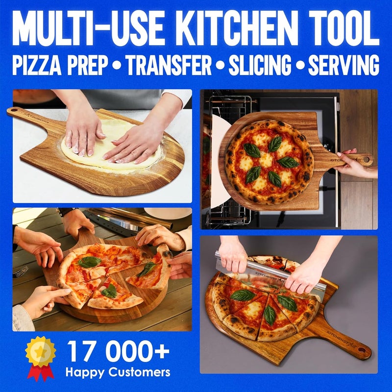 kitchen-star 14-Inch Acacia Wood Pizza Peel – Large Wooden Cutting & Serving Board with Handle – Natural Oil Finish – Ideal Pizza Oven Accessory for Easy Sliding & Prep - Image 5