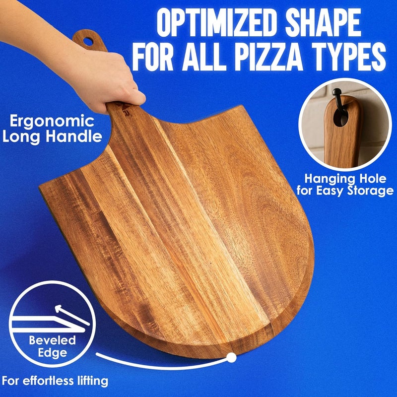kitchen-star 14-Inch Acacia Wood Pizza Peel – Large Wooden Cutting & Serving Board with Handle – Natural Oil Finish – Ideal Pizza Oven Accessory for Easy Sliding & Prep - Image 3