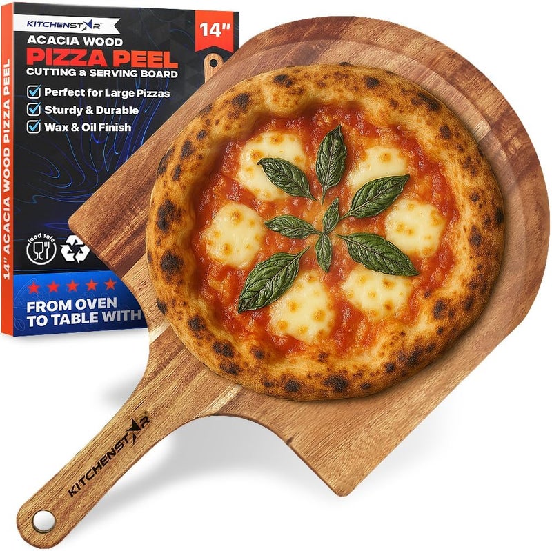 kitchen-star 14-Inch Acacia Wood Pizza Peel – Large Wooden Cutting & Serving Board with Handle – Natural Oil Finish – Ideal Pizza Oven Accessory for Easy Sliding & Prep - Image 1