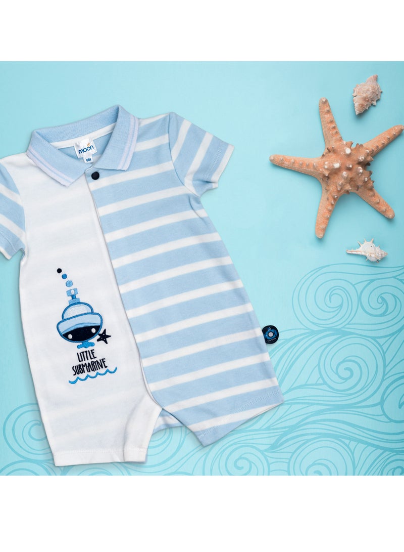 Moon بدلة قطنية 100% مع ياقة 0-3 أشهر زرقاء - الغواصة الصغيرة - Image 5