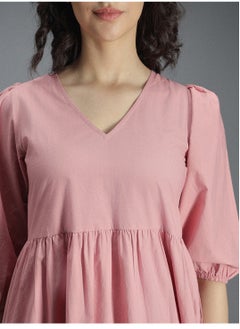 HIGH STAR Pink A-Line Midi Dress for Women, V Neck, 100% Cotton  - Image 5
