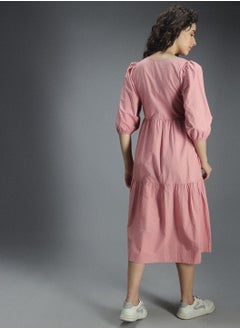 HIGH STAR Pink A-Line Midi Dress for Women, V Neck, 100% Cotton  - Image 3