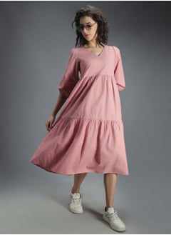 HIGH STAR Pink A-Line Midi Dress for Women, V Neck, 100% Cotton  - Image 1