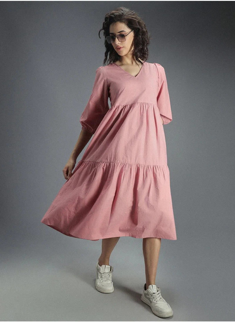 هاي ستار Pink A-Line Midi Dress for Women, V Neck, 100% Cotton