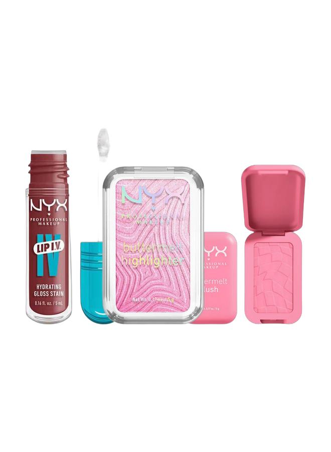 NYX PROFESSIONAL MAKEUP Buttermelt Highlighter Powder Highlighter 12 HR Wear Fade And Transfer Resistant U Butta Werk & Buttermelt Blush, Powder Blush, Up To 12 H Wear, Fade & Transfer Resistant, Butta Together & Lip IV Hydrating Gloss Stain – Hydra-Honey Bundle - Image 1