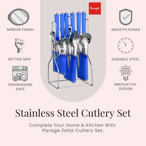 Parage Zolta Stainless Steel Cutlery Set- Set of 25 (Contains: 6 Table Spoons, 6 Forks, 6 Tea Spoons, 6 Knives, 1 Stand), Spoon Set, Cutlery Set for Dining Table Stylish (Blue) - Image 3