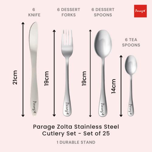 Parage Zolta Stainless Steel Cutlery Set- Set of 25 (Contains: 6 Table Spoons, 6 Forks, 6 Tea Spoons, 6 Knives, 1 Stand), Spoon Set, Cutlery Set for Dining Table Stylish (Blue) - Image 4