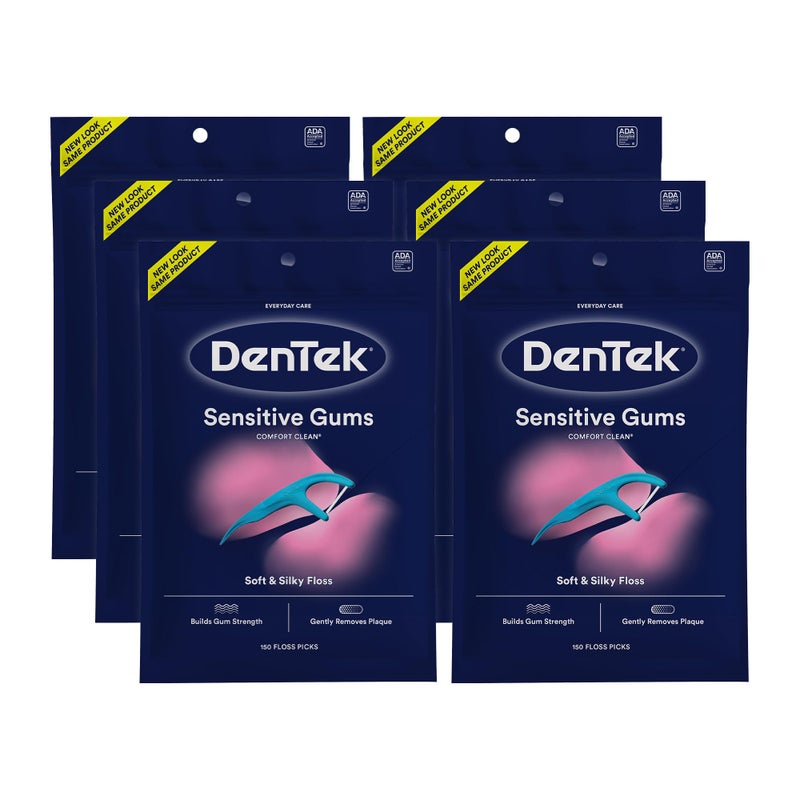 DenTek Comfort Clean Sensitive Gums Floss Picks Soft Silky Ribbon 150 Count 6 Pack Blue