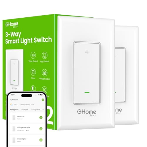 GHome Smart Switch, 3 Way Light Wi-Fi Switch Compatible with Alexa and Google Home, 2.4GHz Schedule Timer, Neutral Wire Required, 3-Way Installation and No Hub Required, FCC Listed (2-Pack), White - Image 1