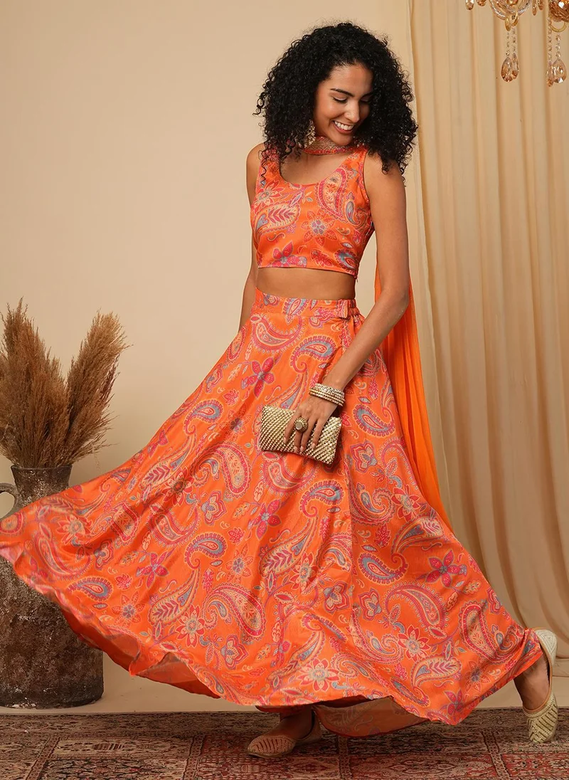 Globus Globus Women's Orange Paisley Printed Fusion Lehenga Co-Ord Set with Dupatta