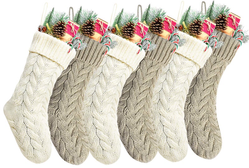 Kunyida 18 Khaki and Ivory Knit Christmas Stockings6 Pack