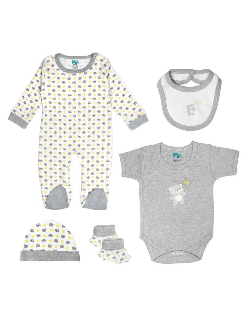 Babies Basic 5 piece Unisex 100% Cotton Sets include Bib, Romper, Mittens, Cap and Sleepsuit/Jumpsuit - Image 1