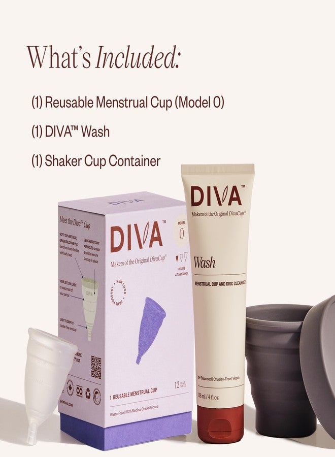 DivaCup Diva Cup, Wash & Shaker Combo Pack - Medical Grade Silicone - for Period Care - with Wash - Shaker for On-The-Go Cleansing - Cup Model 0 (for Slim Vaginal Canals & First-Time Users - Image 2