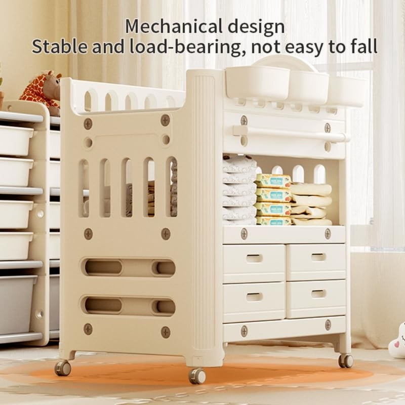 Deluxe Baby Diaper Changing Table Foldable Nursery Organizer with 8 Storage Compartments, Waterproof Pad, Wheels Hanging Basket Multi-Function Modern Baby Station Grey - Image 2