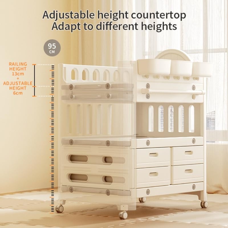 Deluxe Baby Diaper Changing Table Foldable Nursery Organizer with 8 Storage Compartments, Waterproof Pad, Wheels Hanging Basket Multi-Function Modern Baby Station Grey - Image 3