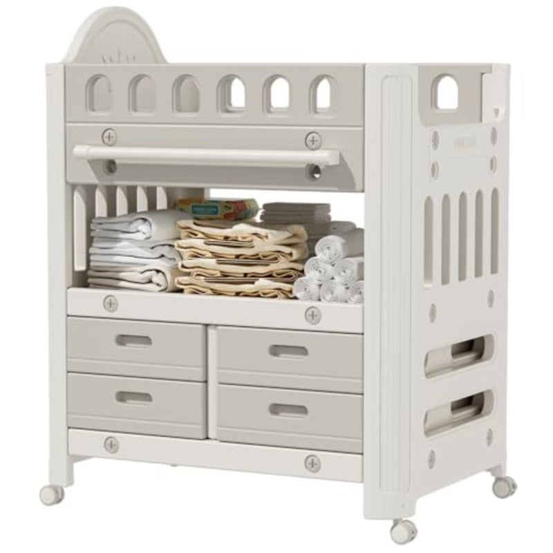 Deluxe Baby Diaper Changing Table Foldable Nursery Organizer with 8 Storage Compartments, Waterproof Pad, Wheels Hanging Basket Multi-Function Modern Baby Station Grey - Image 1