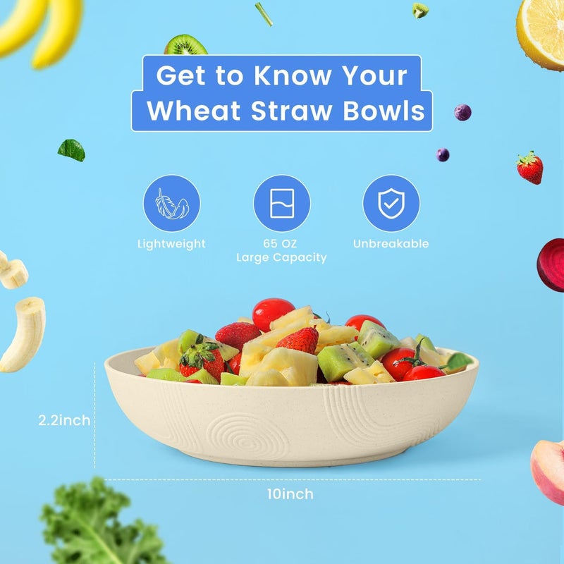 Homienly 65 oz Large Salad Bowls Wheat Straw Big Bowls 10 inch Serving Bowls Wheat Straw Plates Bowls Set of 6 Wide and Shallow Bowls for Kitchen Dishwasher SafeBeige - Image 2