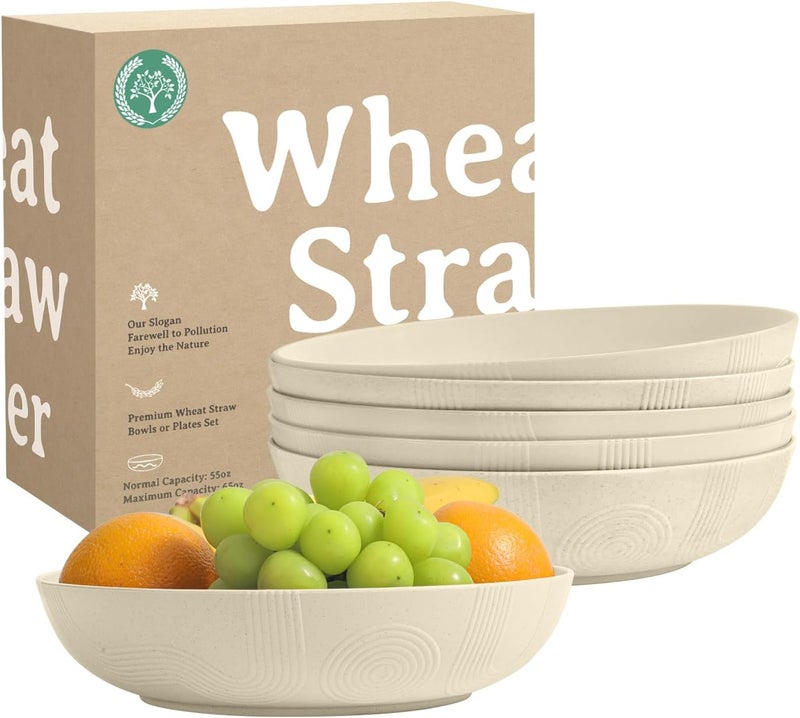 Homienly 65 oz Large Salad Bowls Wheat Straw Big Bowls 10 inch Serving Bowls Wheat Straw Plates Bowls Set of 6 Wide and Shallow Bowls for Kitchen Dishwasher SafeBeige - Image 1