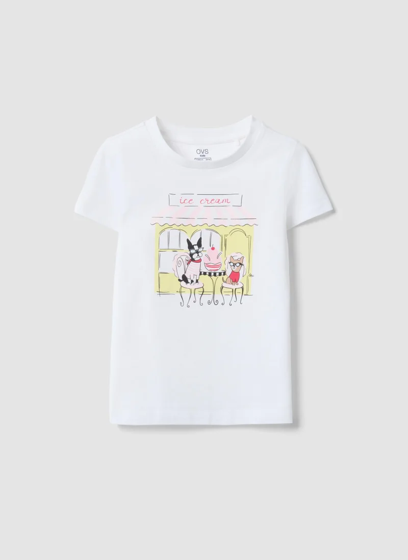 او في اس OVS White Pure Cotton Regular Fit T-Shirt With Print For Girls