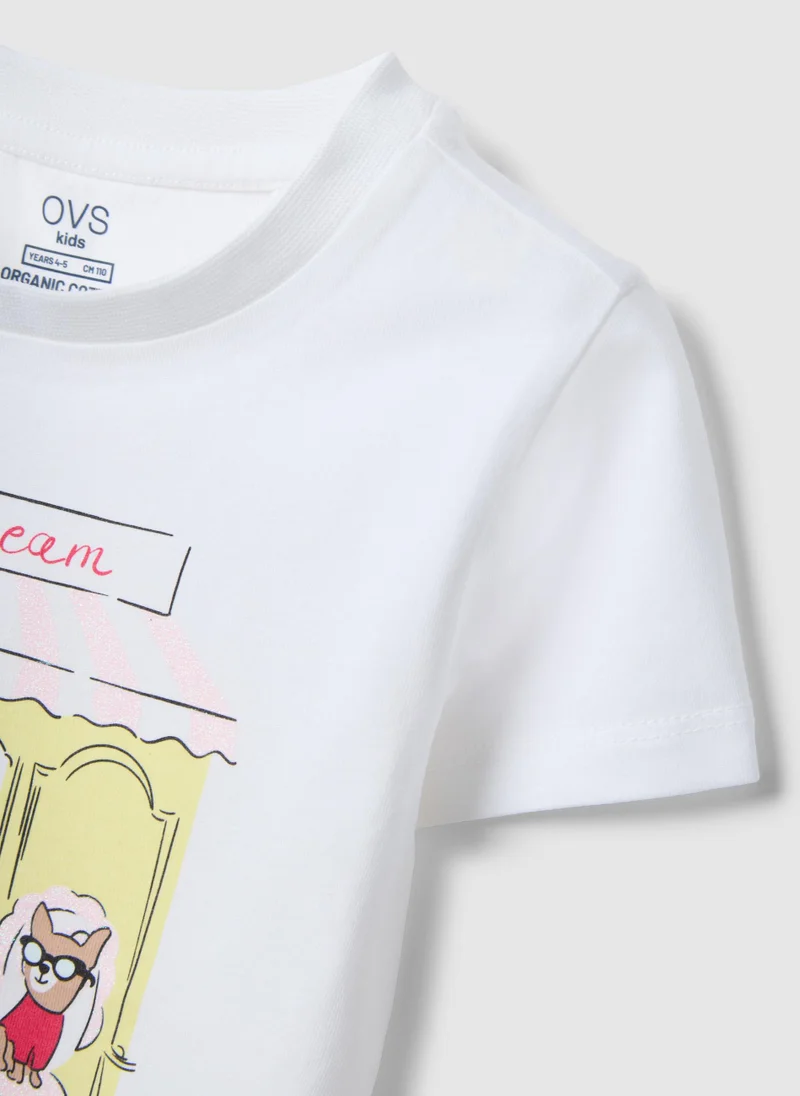 Ovs  OVS White Pure Cotton Regular Fit T-Shirt With Print For Girls for Kids | Best Price UAE