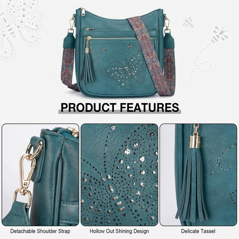 KITEVIUN Medium Crossbody Bags for Women Trendy, Vegan Leather Crossbody Purse Butterfly Design, Women's Shoulder Handbags with Tassel - Image 4