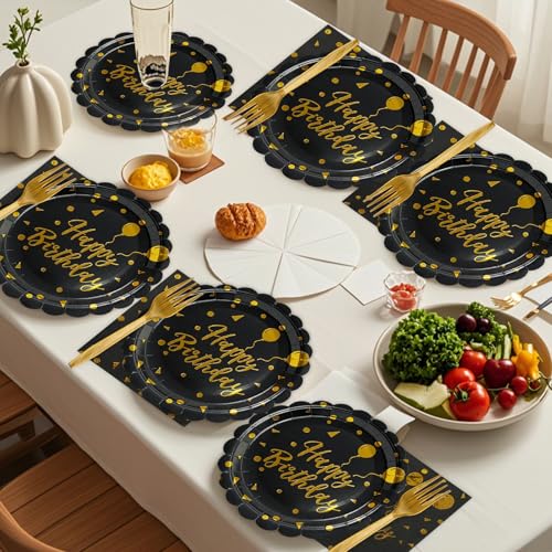 BOKFJBP 48PCS Happy Birthday Plates and Napkins Party Supplies-Disposable Black and Gold Birthday Scalloped Cake Plates and Napkins with Forks Tableware Set for Birthday Party Decorations 16 Guests - Image 4