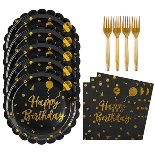 BOKFJBP 48PCS Happy Birthday Plates and Napkins Party Supplies-Disposable Black and Gold Birthday Scalloped Cake Plates and Napkins with Forks Tableware Set for Birthday Party Decorations 16 Guests - Image 1
