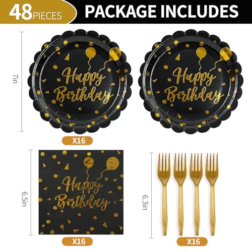BOKFJBP 48PCS Happy Birthday Plates and Napkins Party Supplies-Disposable Black and Gold Birthday Scalloped Cake Plates and Napkins with Forks Tableware Set for Birthday Party Decorations 16 Guests - Image 2