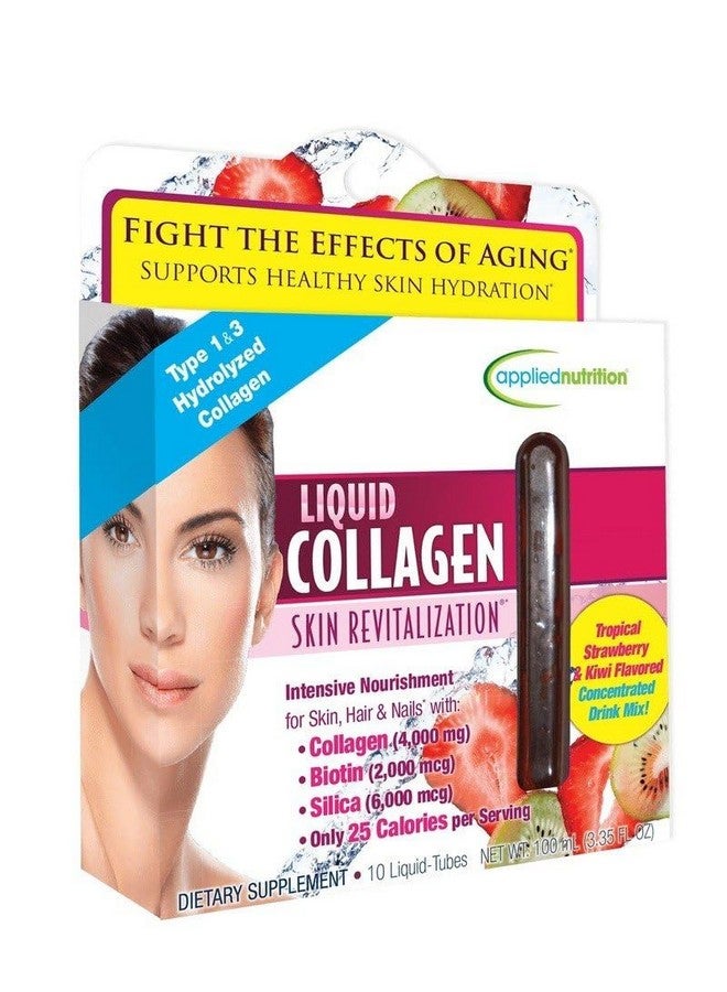 Applied Nutrition Liquid Collagen Skin Revitalization - 10 Liquid-Tubes - Concentrated Drink Mix, Tropical Strawberry & Kiwi Flavored - with Type I & III Hydrolyzed Collagen, Biotin & Silica - Image 1