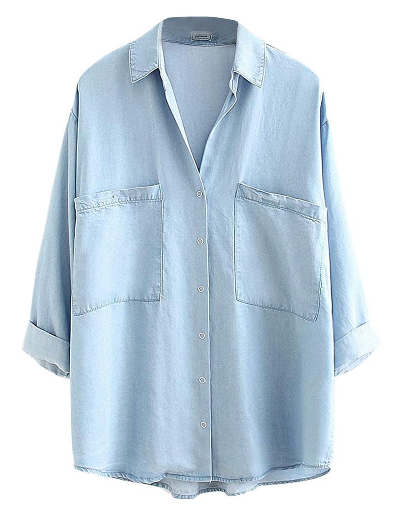 Yimoon Womens Denim Shirt Chambray Blue Button Down Jean Shirt Denim Tops Soft Tencel Casual 3/4 Sleeve Jackat(LightBlue-L) - Image 1