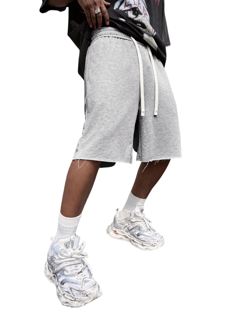 SHENHE Men's Baggy Sweat Shorts Drawstring Waist Wide Leg Raw Loose Athletic Gym Shorts with Pockets Summer Grey Large - Image 1