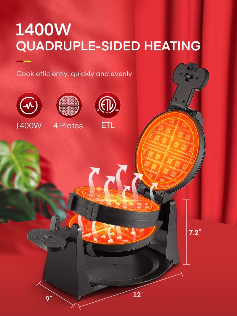 FOHERE Waffle Maker, 1400W Double Belgian Waffle Iron 180° Flip, 8 Slices in 3 Mins, Rotating & Nonstick Plates, Anti-Scald, Removable Drip Tray Easy to Clean, Cool Touch Handle, Space-Saving (Mint Blue) - Image 3
