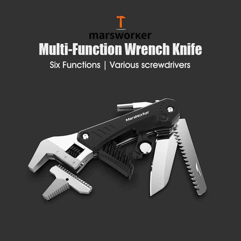 MarsWorker Multi-Function Wrench Knife Six Functions 6-In-1 Tools Folding Adjustable Pipe Wrench Knife Screwdrivers Sawtooth with LED Light Outdoor Camping Hiking Portable Foldable Tools - Image 3