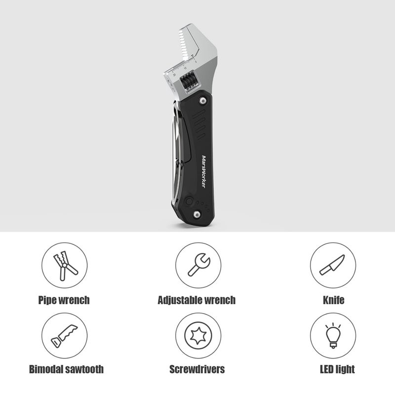 MarsWorker Multi-Function Wrench Knife Six Functions 6-In-1 Tools Folding Adjustable Pipe Wrench Knife Screwdrivers Sawtooth with LED Light Outdoor Camping Hiking Portable Foldable Tools - Image 4