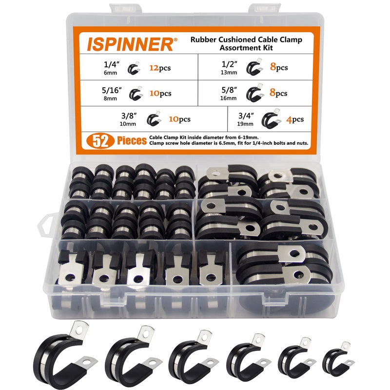 ISPINNER 52pcs Cable Clamps Assortment Kit 304 Stainless Steel Rubber Cushion Pipe Clamps in 6 Sizes 14 516 38 12 58 34
