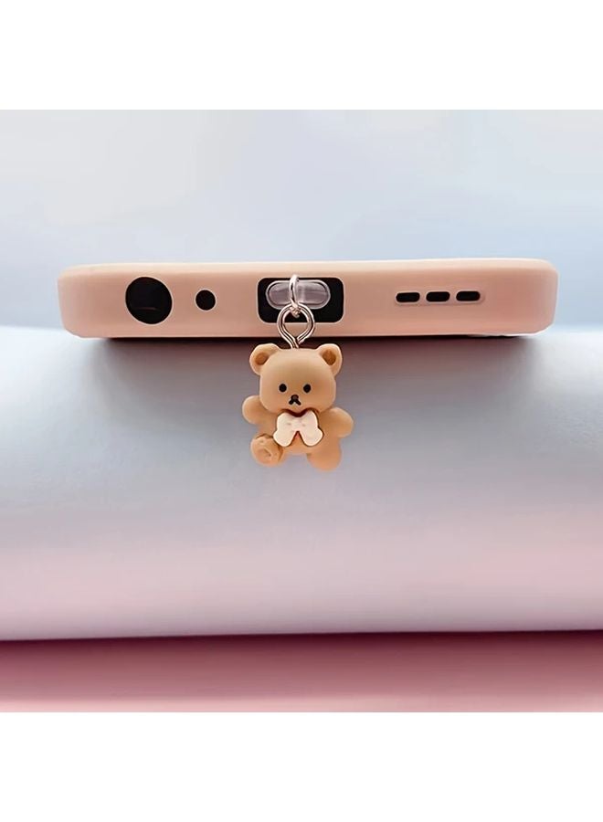 Lightning Port Dust Plug Brown Three Dimensional Bear Pendant Universal Charging Data Cable Cover - Image 3
