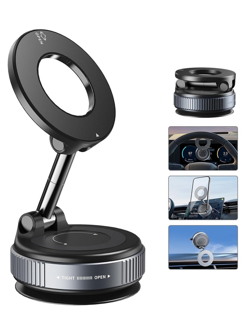 Magnetic Phone Stand for Car – 360° Rotatable Car Phone Holder Mount with Strong Vacuum Suction Cup & Magnetic Ring – Foldable Mini Stand for Dashboard/Window/Mirror/Shower/Smooth Surfaces – Universal for All Smartphones  - Image 1