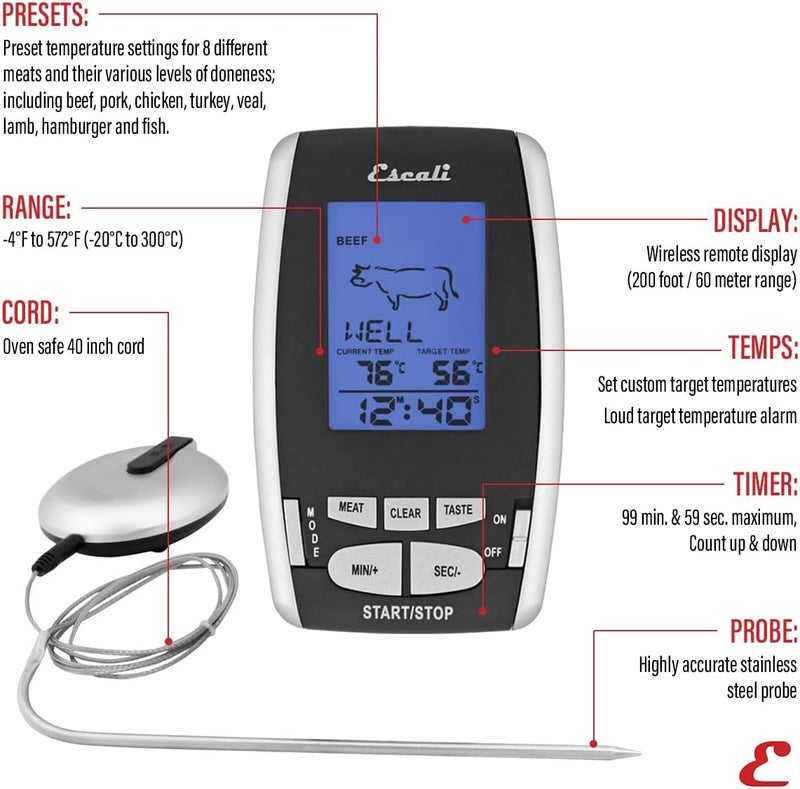 Escali DHRW1 Wireless BBQ, Meat, Fish Thermometer and Timer, 200 Feet/65 Meter Range, Stainless Steel Oven Safe Probe, Black/Silver - Image 2