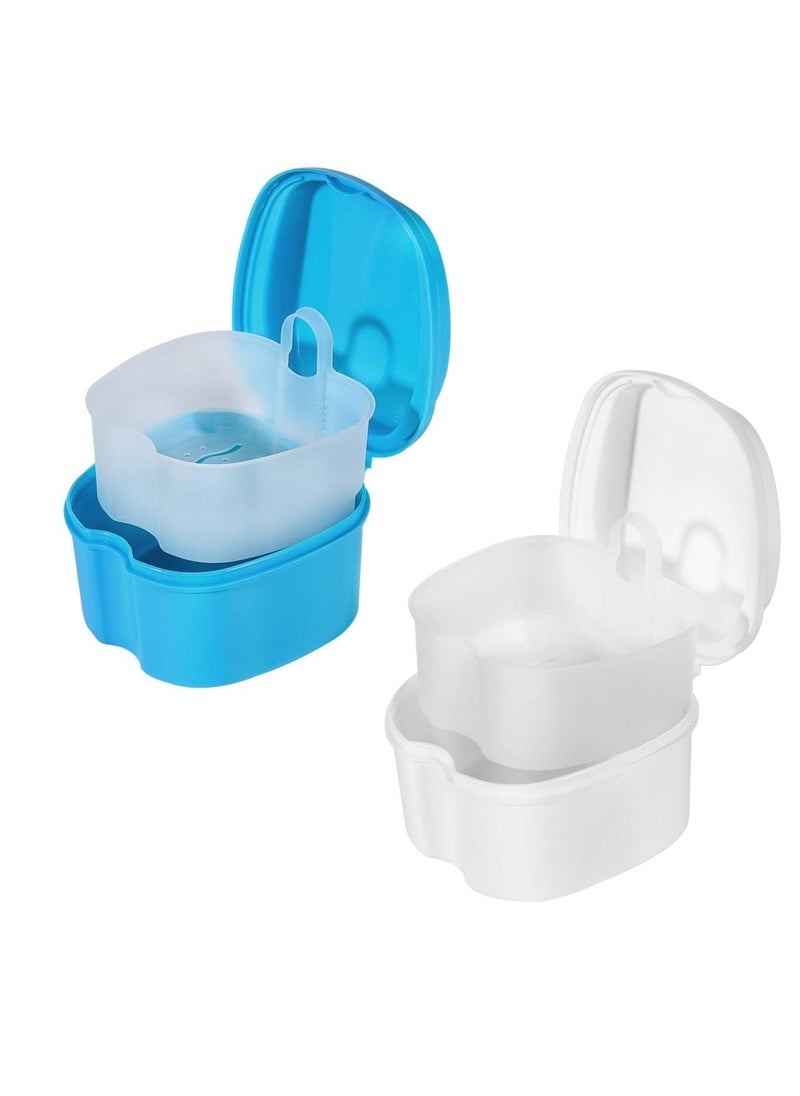 KISEER 2 Pack Colors Denture Bath Case Cup Box Holder Storage Soak Container with Strainer Basket for Travel Cleaning (Light Blue, White)  - Image 1